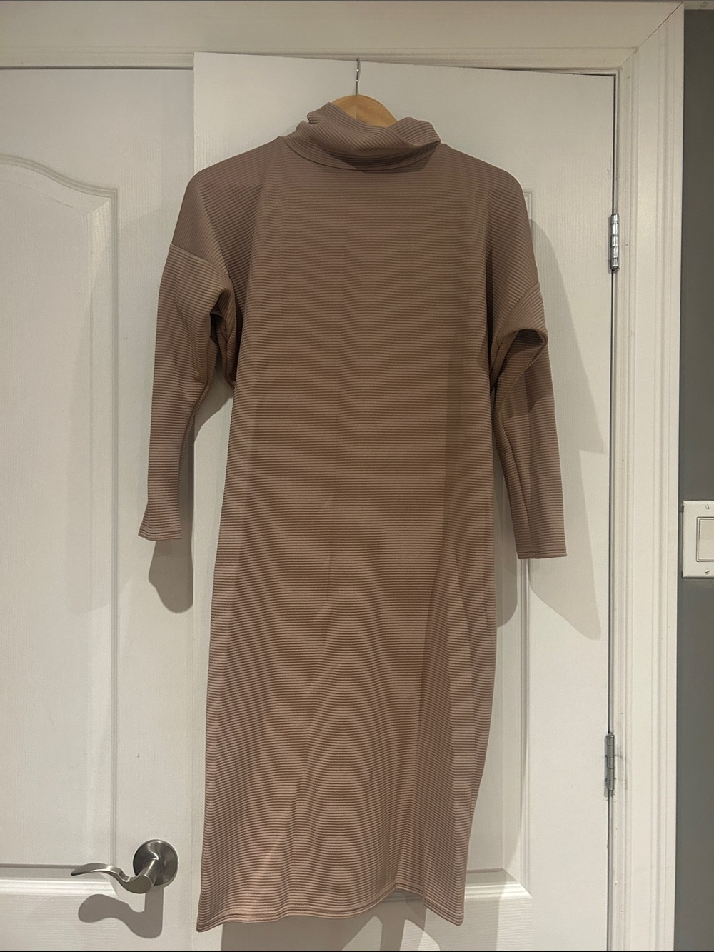 ASOS Ribbed Turtleneck Midi Dress in Taupe